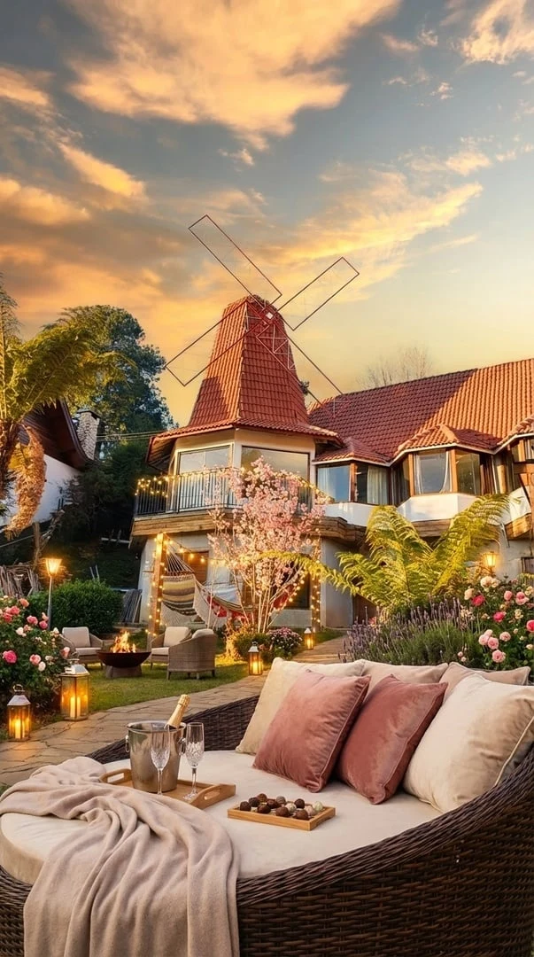 Fachada do Recanto dos Moinhos iluminada ao entardecer